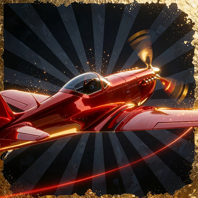 Ilustracja gry crash Aviator: czerwony samolot wznoszący się po ukośnej trajektorii na ciemnym tle