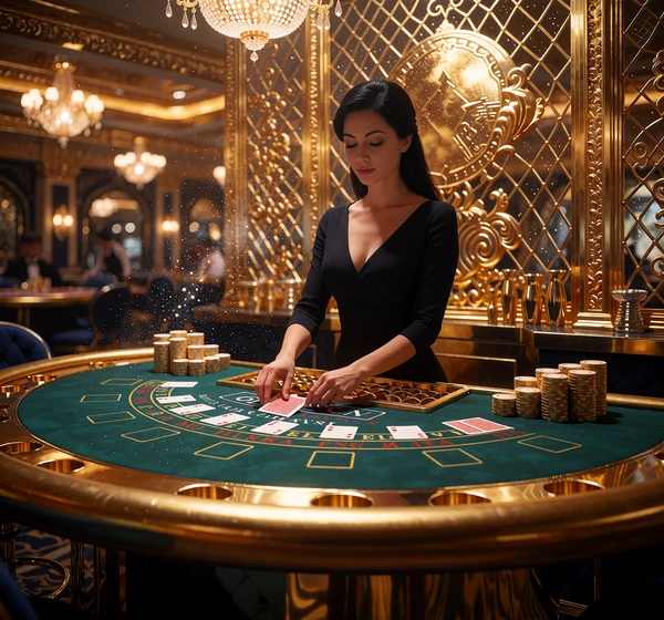 Krupierka przy zielonym stole do blackjacka rozdaje karty - st&oacute;ł live w kasynie online Goldbet