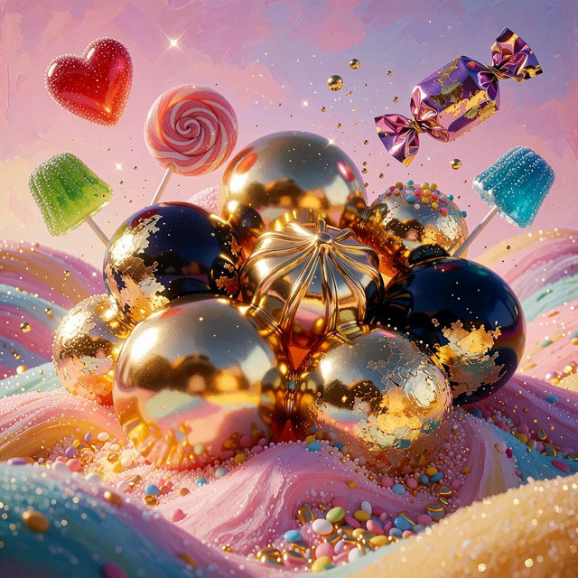 Ilustracja slotu Sweet Bonanza: kolorowe cukierki i lizaki nad pastelową krainą słodyczy