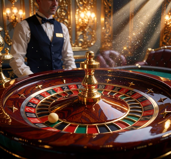 Mahoniowo-złote koło ruletki w ruchu z kulką i krupierem w tle - ruletka na żywo w kasynie live Goldbet