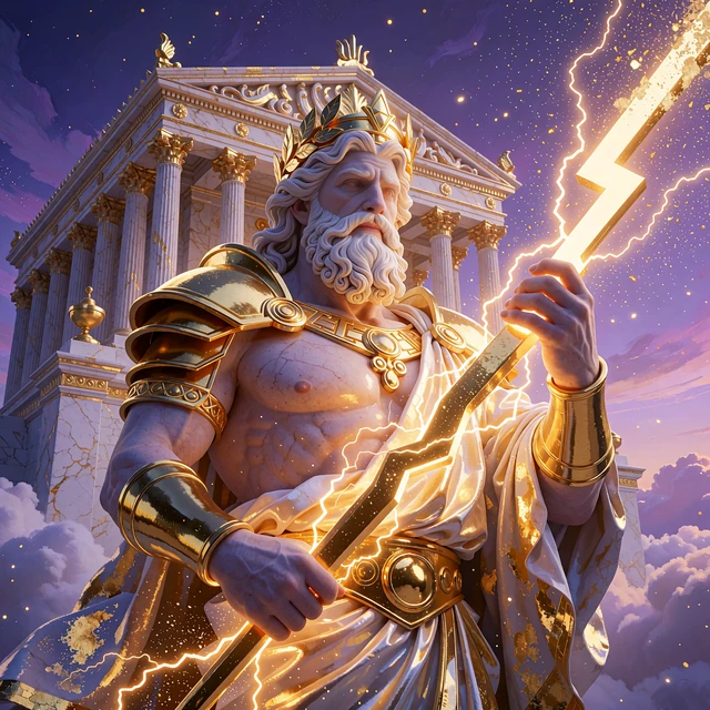 Ilustracja slotu Gates of Olympus: brodaty b&oacute;g z piorunem przed marmurową świątynią na chmurach