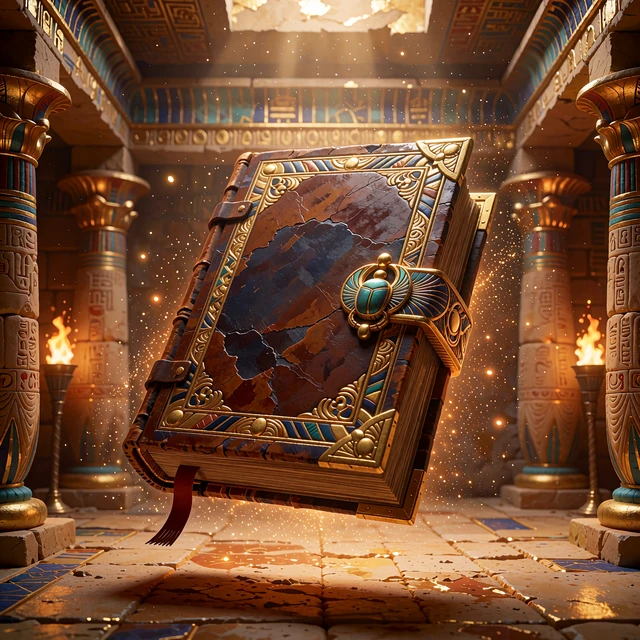 Ilustracja slotu Book of Dead: złota księga ze skarabeuszem w egipskim grobowcu - popularny slot w Goldbet Casino