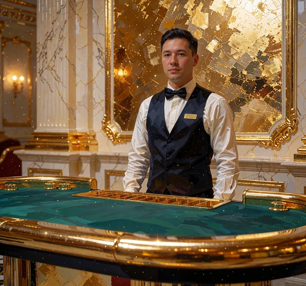 Krupier w muszce przy stole do bakarata z sabotem na karty - bakarat na żywo w Goldbet Casino